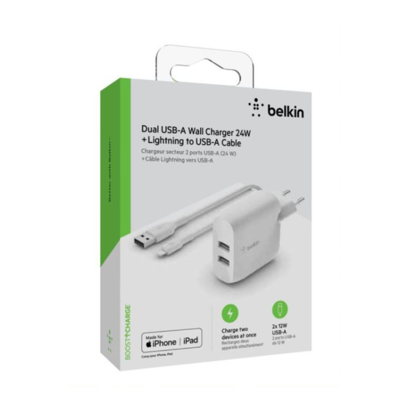 Kit Chargeur Lightning / 2 Ports USB-A + Câble vers USB-A BELKIN WCD001vf1MWH Boost Charge 24W — Belkin · Smarty Paris 18e